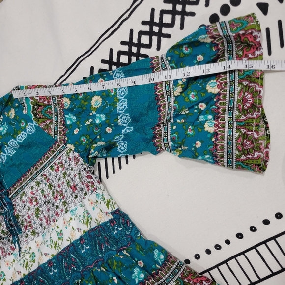 Mokingtop Women's Bohemian Floral  V-neck tied up 3/4 Bell Sleeve Dress M - Picture 9 of 11